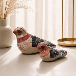 Tonala Mexican Pottery Folk Art Dove Bird Figurine Hand Painted Mom & Baby